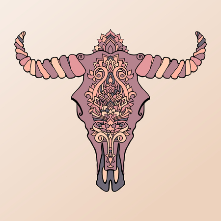 Mandala tattoo style dead cow head. Decorative ornament buffalo skull. Native indian art. Ethnic sketch design. Tribal boho style pattern. Vector illustrationのイラスト素材
