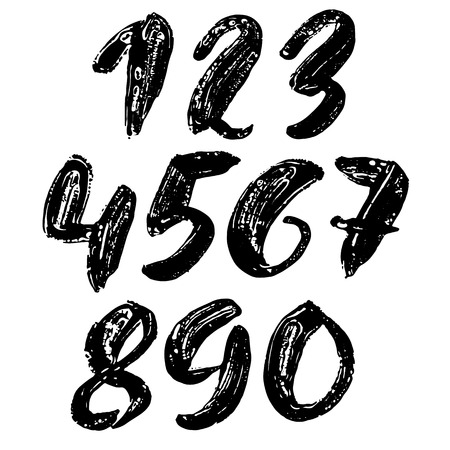 Set of calligraphic ink numbers. Textured brush lettering. Vector illustration.のイラスト素材