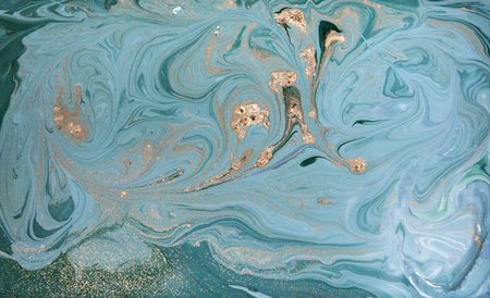Marble abstract acrylic background. Nature green and blue marbling artwork texture. Golden glitter.の写真素材