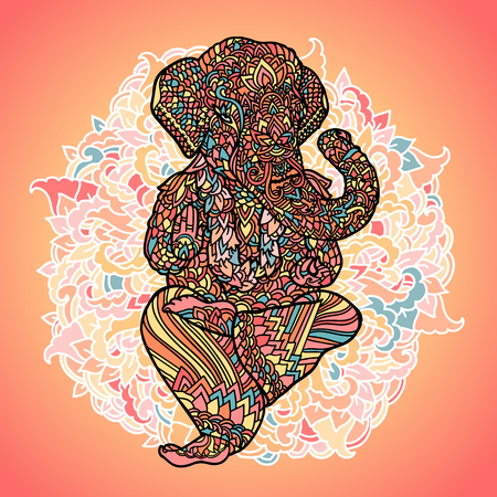 Lord Ganesha on Indian mandala background. Asian pattern with leaves and flowers. Yoga style print. Colorful vector illustration.のイラスト素材