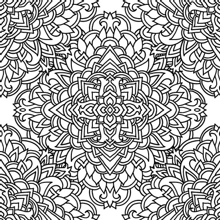 Black and white seamless pattern. Mandala asian background. Vector indian illustration.のイラスト素材