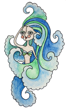 Watercolor pensil illustration of zodiac sign. Aquarius girl with colorful hair. Isolated on white background.の写真素材