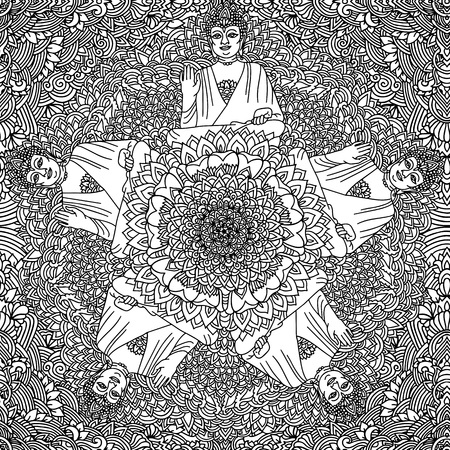 Abstract mandala ornament.  Black and white authentic background with Buddha Vector illustration.のイラスト素材