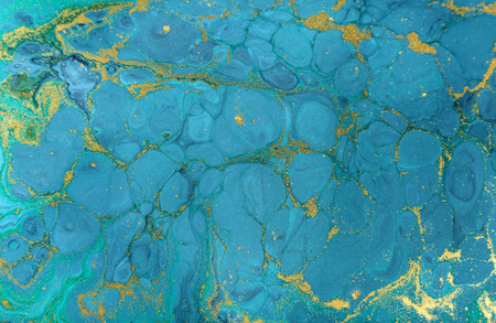 Marble abstract acrylic background. Nature blue marbling artwork texture. Golden glitter.の写真素材