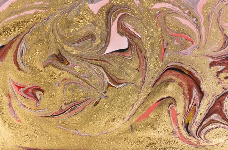 Marble abstract acrylic background. Red marbling artwork texture. Agate ripple pattern. Gold powder.の写真素材