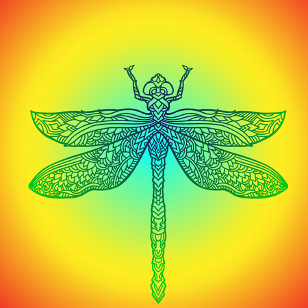 Blue dragonfly in mandala style. Stylized insect. Boho vector illustration. Ethnic pattern.のイラスト素材
