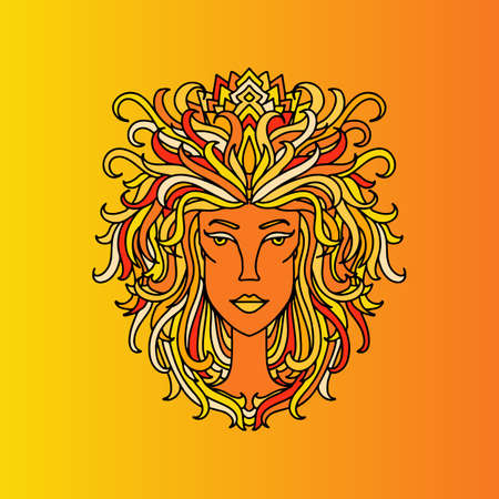 Leo girl portrait. Zodiac sign of fire. Doodle vector illustration.の写真素材