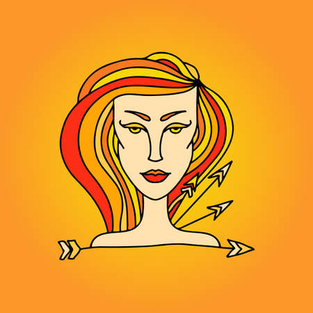 Sagittarius girl portrait. Zodiac fire sign. Doodle vector illustration.の写真素材