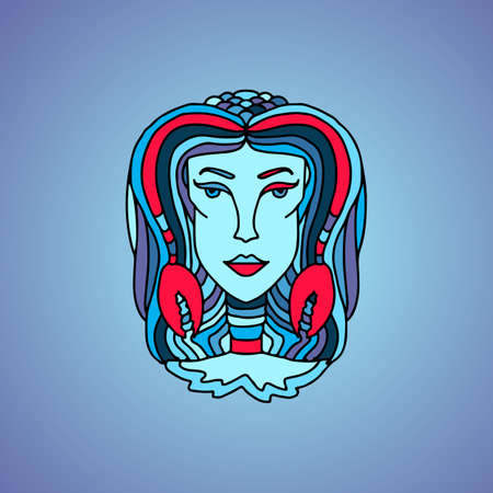 Cancer girl portrait. Zodiac sign of water. Simple blue vector illustration.のイラスト素材