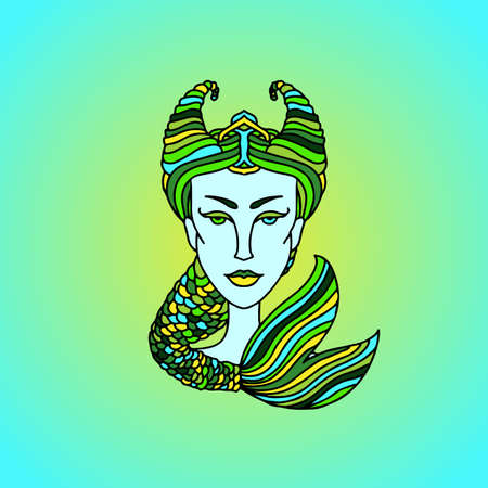 Capricorn girl portrait. Zodiac sign. Green and yellow vector illustration.のイラスト素材