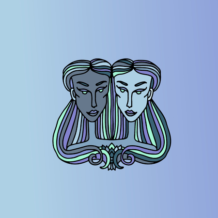 Gemini girl portrait. Zodiac sign. Simple blue vector illustrationのイラスト素材