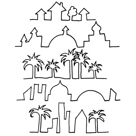 One line city with palm trees. Simple black vector illustration on white backgroundのイラスト素材