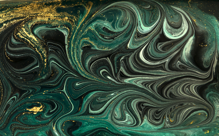 Green marble abstract acrylic background. Marbling artwork texture. Agate ripple pattern. Gold powder.の写真素材