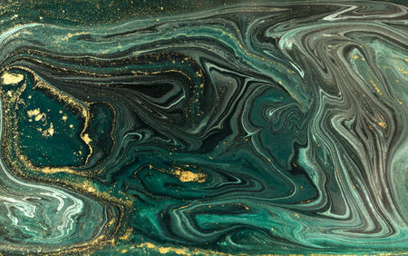 Green marble abstract acrylic background. Marbling artwork texture. Agate ripple pattern. Gold powder.の写真素材