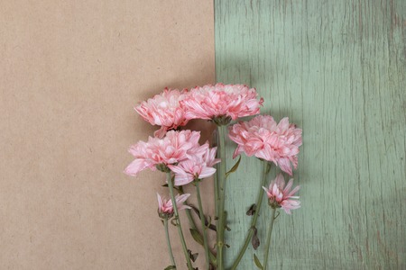 Pink cloves flowers on craft paper and green wooden background. Floral background with copyspaceの写真素材