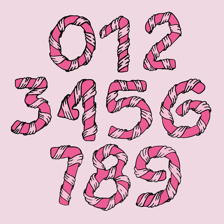 Wrapped in a pink ribbon numbers. Set numbers. Vector illustrationのイラスト素材