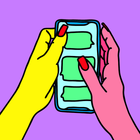 Hands with long nails holding smartphone. Woman texting sketch. Girl sends messages. Vector illustrationのイラスト素材