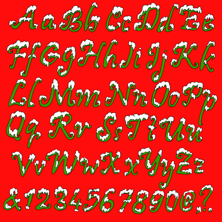 Christmas snowy alphabet. Holiday font with snow. Handdrawn letters and numbers. Vector illustration.のイラスト素材
