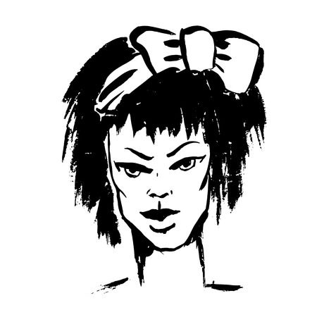 Brush grunge style simple portrait. Girl with bow. Ink handmade drawing. Modern vector illustrationのイラスト素材