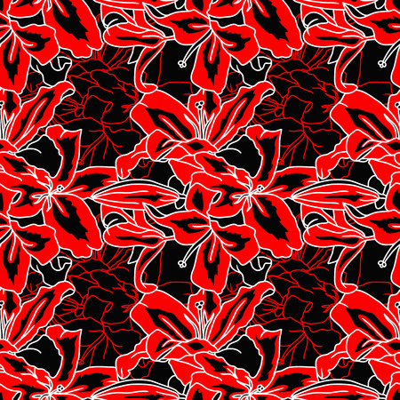 Red and black lilly flowers seamless pattern. Vector illustrationのイラスト素材
