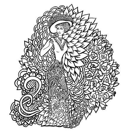 Beautiful retro style woman. Vector illustration. Vintage girl for adult coloring bookのイラスト素材