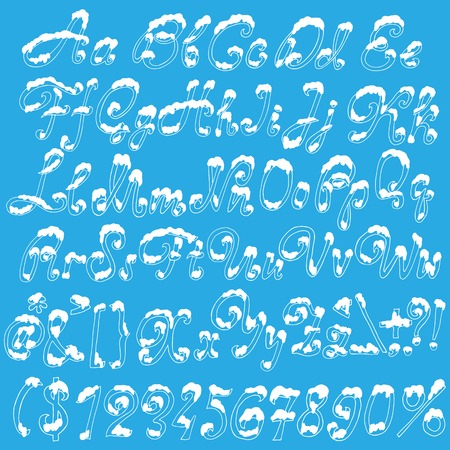 Christmas snowy alphabet. Holiday font with snow. Handdrawn letters and numbers. Vector illustration.のイラスト素材