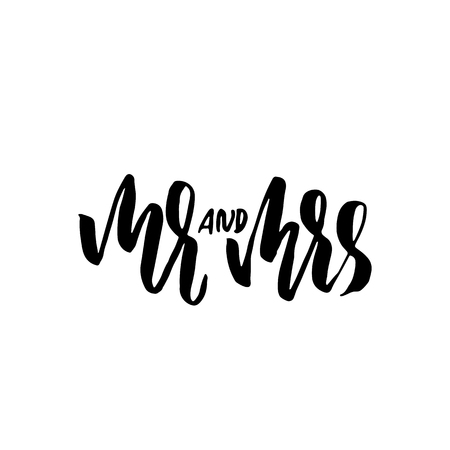 Mr and Mrs. Modern brush pen lettering. Wedding template. Bride and groom card. Vector illustrationのイラスト素材