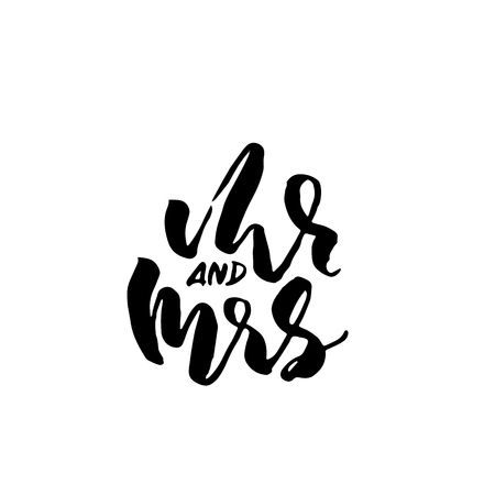 Mr and Mrs. Modern brush pen lettering. Wedding template. Bride and groom card. Vector illustrationのイラスト素材
