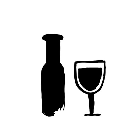 Grunge silhuette. Ink black bottle of vine and glass.のイラスト素材