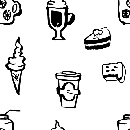 Hand drawn vector seamless coffee shop pattern. Dessert grunge backgroundのイラスト素材