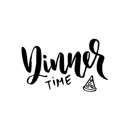 Dinner time. Modern dry brush lettering. Pizza sketch. Vector handdrawn illustrationのイラスト素材