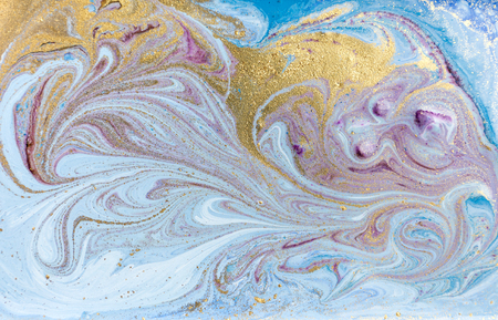 Blue, violet and gold marbling pattern. Golden marble liquid texture.の写真素材