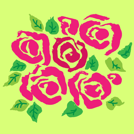 Abstract grunge ink flower background. Roses pink and green brush pattern. Vector illustrationのイラスト素材