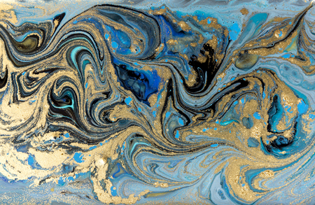 Blue marbling pattern. Golden marble liquid texture.の写真素材