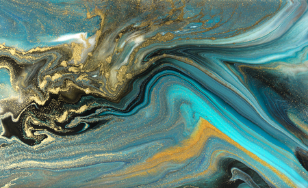 Blue marbling pattern. Golden marble liquid texture.の写真素材
