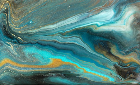 Blue marbling pattern. Golden marble liquid textureの写真素材