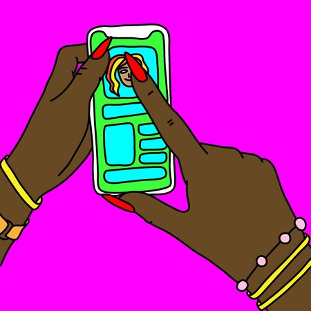 Hands with long red nails holding smartphone. Woman texting sketch. Girl sends messages. Vector illustrationのイラスト素材