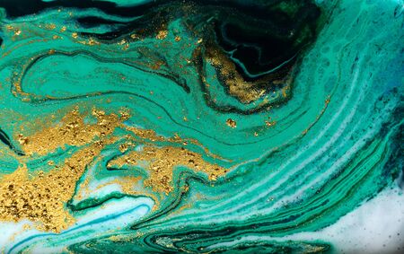 Green and gold marbling pattern. Golden powder marble liquid textureの写真素材