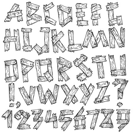 Sketch old wooden font. Handdrawn wood type letters and numbers. Vector illustrationのイラスト素材