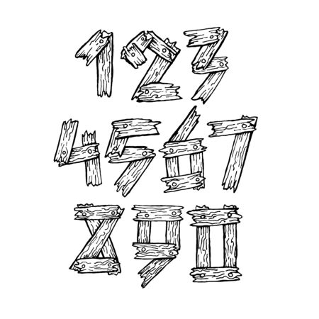 Sketch old wooden digits. Handdrawn wood type numbers. Vector illustrationのイラスト素材