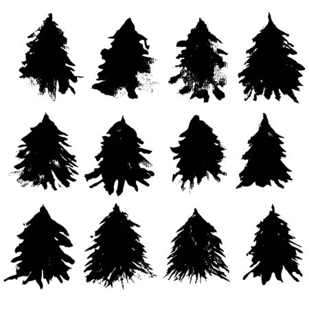 Fir tree silhouettes. Black grunge Christmas tree. Watercolor spruce isolated on white background. Vector illustration.のイラスト素材