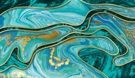 Amazing luxury yellow gold agate ripple pattern. Blue wave and golden glitter abstract background.の写真素材