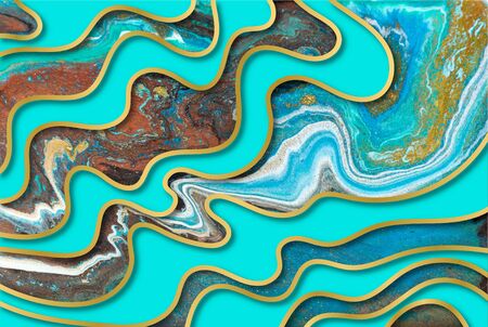 Blue and gold agate ripple pattern. Marble background with wave layers.