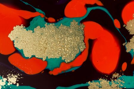 Red, green and gold abstract paint marble background