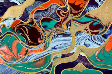 Green, red and gold ripple pattern. Marble texture with layers. Gold particles.