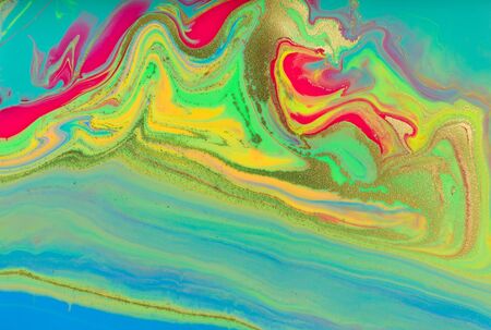 Neon colored marble pattern with golden glitter. Fluorescent liquid background. Artwork abstract...