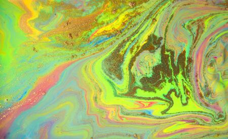 Beautiful vivid pattern with golden particles. Fluorescent bright background.