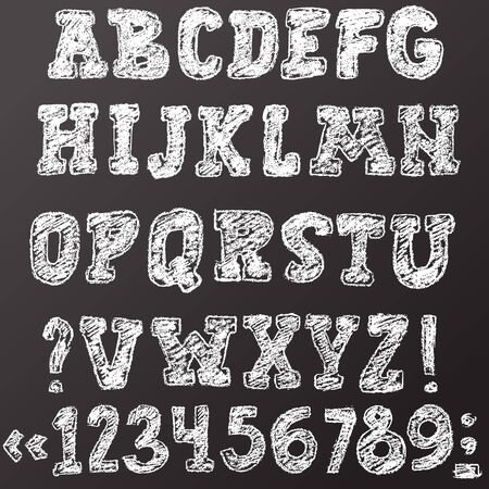 Handwritten vector chalked alphabet. Imitation texture of chalk. Modern hand drawn bold font. Vector illustration.のイラスト素材