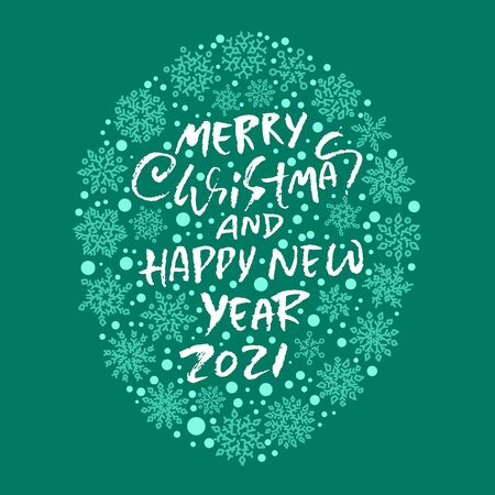 Hand drawn phrase Merry Christmas and Happy New Year. Modern dry brush lettering design. Vector typography vector illustration with snowflakesのイラスト素材