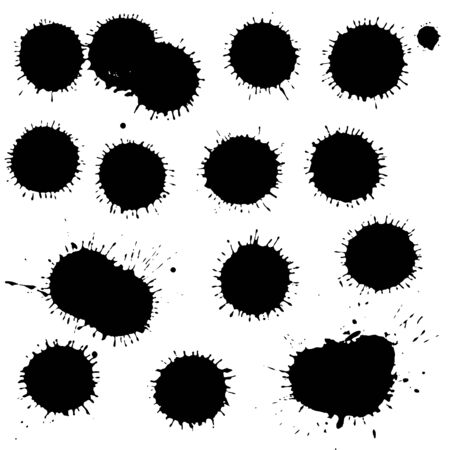Black ink paint spots. Drops isolated on white background. Set for grunge splash textures. Vector illustration.のイラスト素材